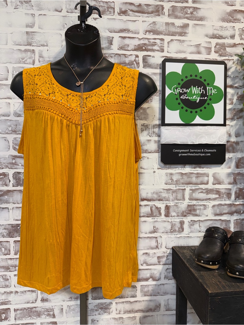 By Design Sleeveless Lace Yoke Women's Top in Mustard